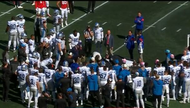 ESPNNFL's tweet photo. Lions CB Saivion Smith was taken off the field in an ambulance and transported to a local hospital to be evaluated for a neck injury. https://t.co/cfJZkGwnBe
