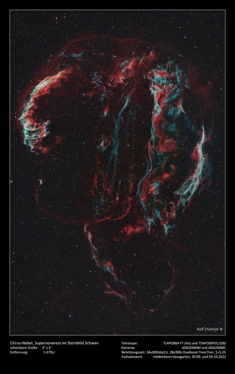 Ein neues Bild von unserem Vereinsmitglied Rolf Dietrich. Es zeigt den #Cirrus- #Nebel. Einen #Supernova #Überrest im #Sternbild #Schwan. Mehr davon auf astronomie-heidenheim.de/galerie/m_gale…