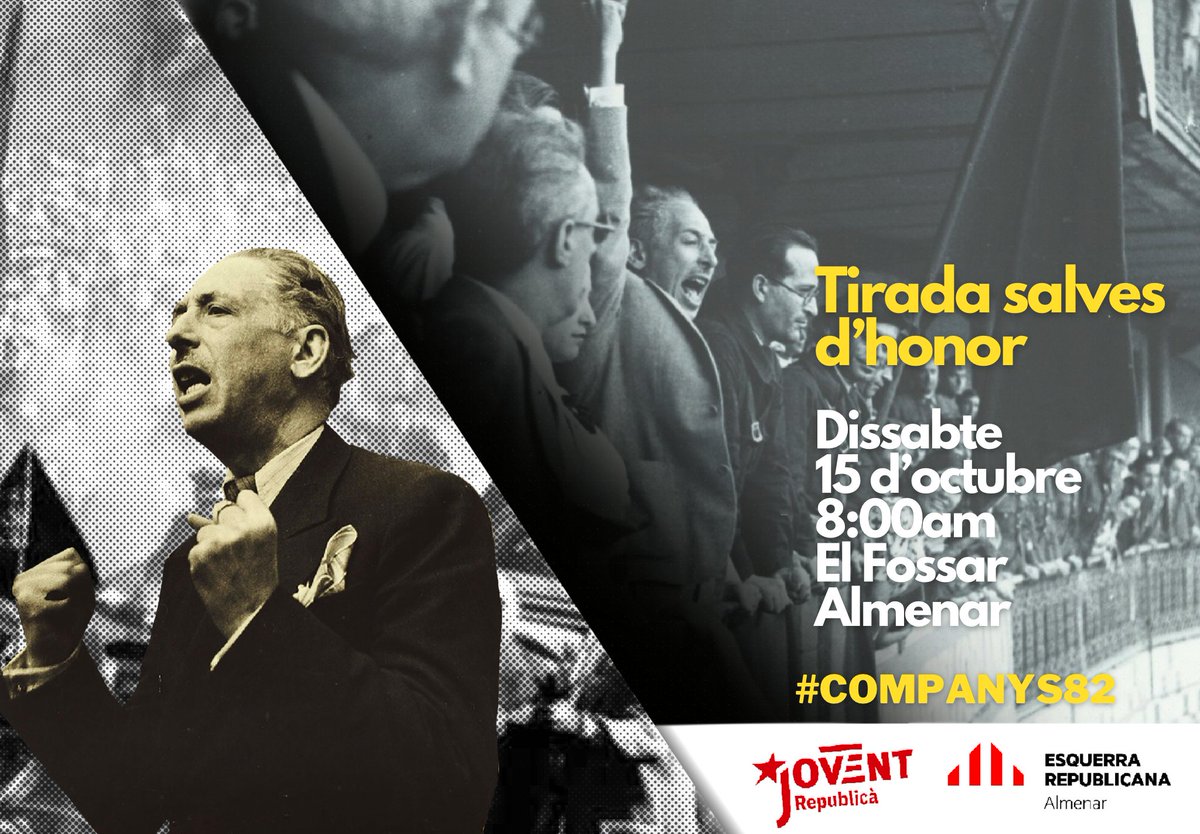 AlmenarErc's tweet photo. 📌El dissabte 15 d'octubre, a les 8 del matí us esperem al Fossar per tal de retre homenatge al president Lluís Companys i commemorar així el 82 aniversari del seu assassinat.
Sabíeu que el president Companys era amic de l'infància de Salvador Seguí "el noi de sucre"?
#companys82 https://t.co/JTzgeqWtea