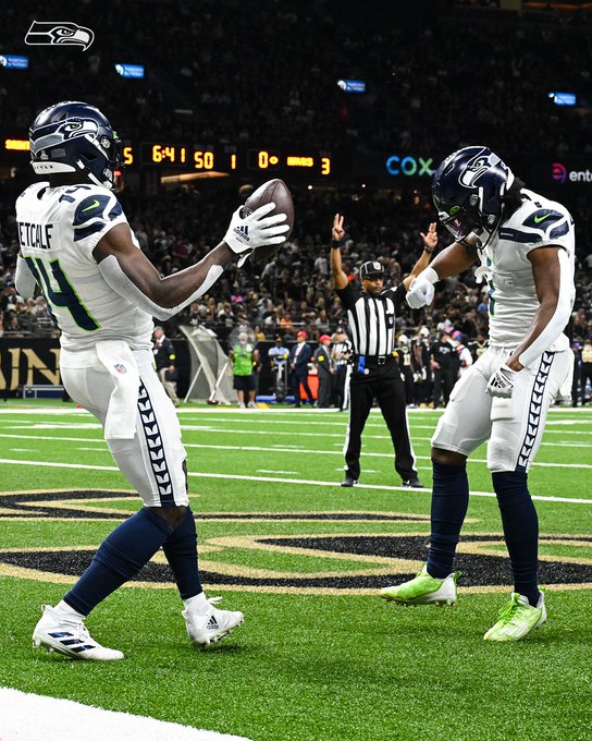 DK Metcalf celebrating on his touchdown.