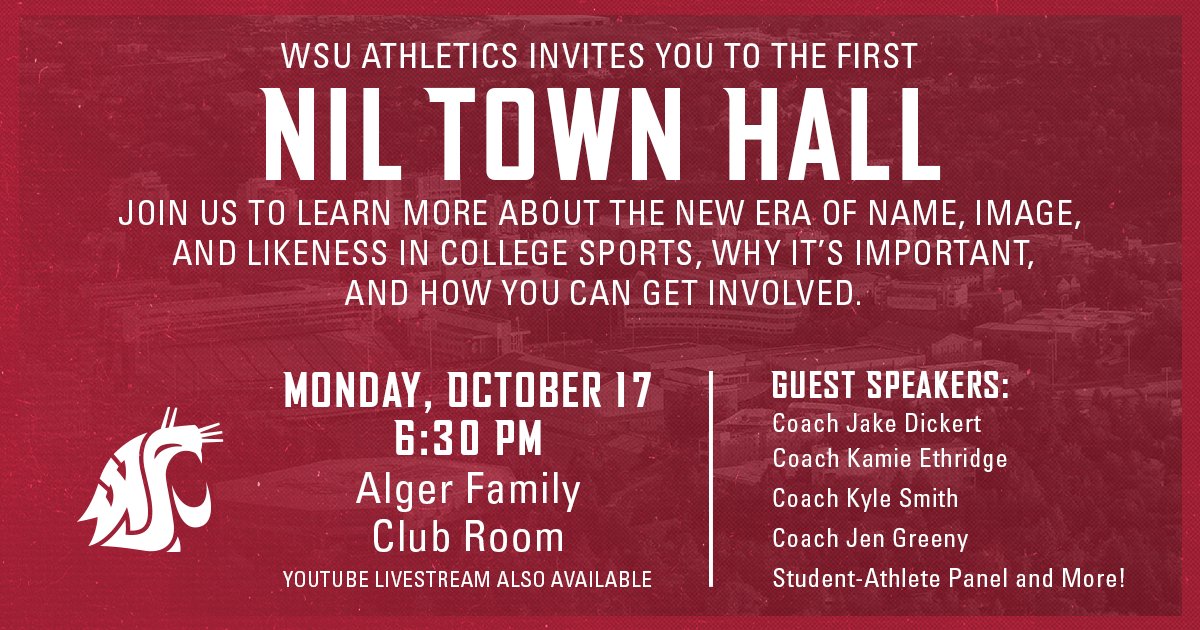 Mark your calendars for Monday, Oct. 17 for our first NIL Town Hall🗓️ Learn all about Name, Image, and Likeness in the college sports world!

RSVP at forms.office.com/r/bjdwujykjM!

#GoCougs | #WAZZU