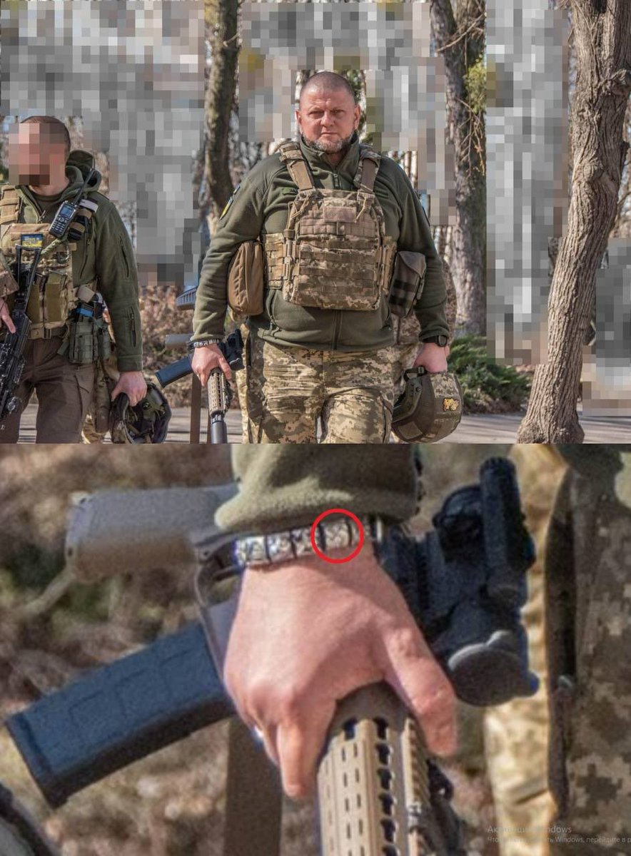 RaheemKassam's tweet photo. NOTHING TO SEE HERE just Ukraine’s head of the Armed Forces wearing a diamond swastika bracelet. https://t.co/N2xKdH7b3a