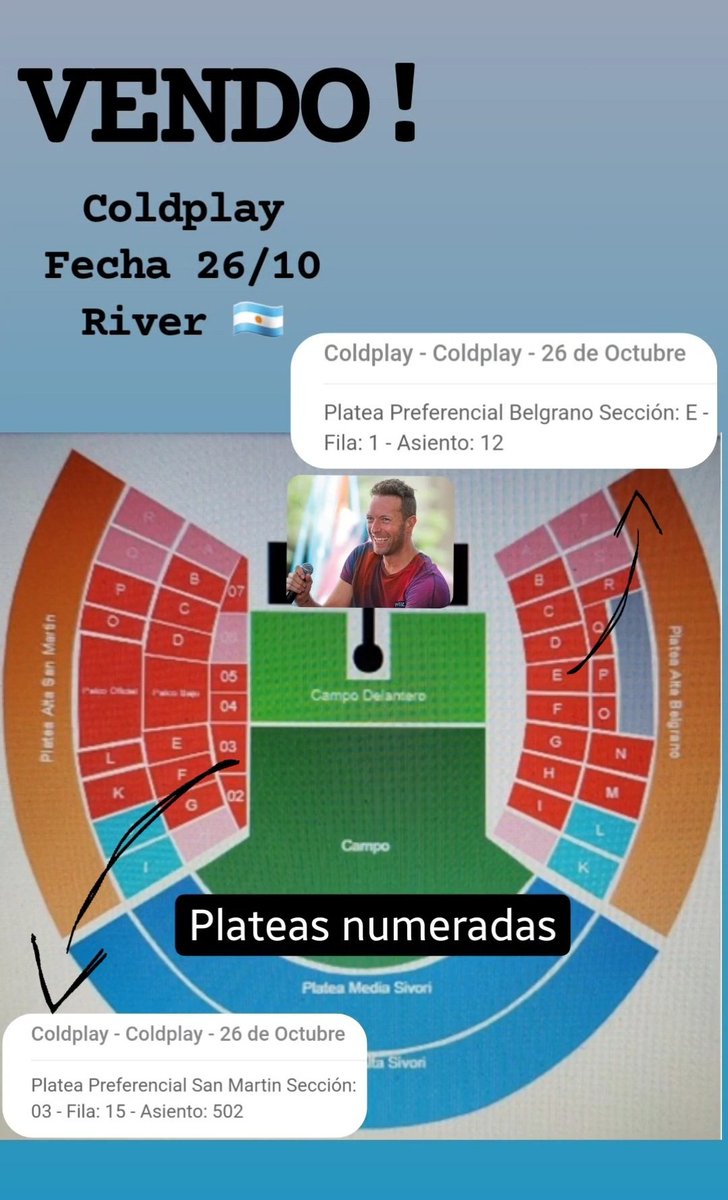 RomiRig's tweet photo. @soyunperfilfake @8milpasos Vendo plateas numeradas fecha 26 https://t.co/3k0uHFYeWv