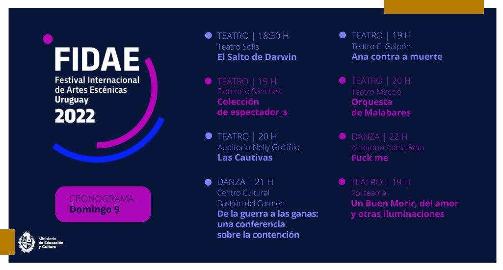 infoturismouy's tweet image. Última fecha de #FIDAE2022 
#FIDAE @fidaeuy 

Domingo 9/10/22
+información en 
fidae.mec.gub.uy 

&quot;Festival Internacional de Artes Escénicas del Uruguay&quot;
#GrandesExperiencias en 
#Uruguay #UruguayNatural 
@MEC_Uruguay
@Uruguay_Natural