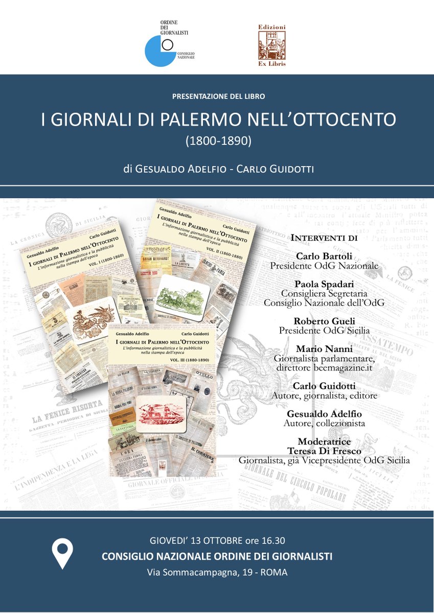 edexlibris's tweet image. Al 𝗖𝗼𝗻𝘀𝗶𝗴𝗹𝗶𝗼 𝗡𝗮𝘇𝗶𝗼𝗻𝗮𝗹𝗲 𝗱𝗲𝗹𝗹'𝗢𝗿𝗱𝗶𝗻𝗲 𝗱𝗲𝗶 𝗚𝗶𝗼𝗿𝗻𝗮𝗹𝗶𝘀𝘁𝗶, giovedì 13 ottobre si presenteranno i 3 volumi  del libro "I giornali di Palermo nell'Ottocento", di 𝗚𝗲𝘀𝘂𝗮𝗹𝗱𝗼 𝗔𝗱𝗲𝗹𝗳𝗶𝗼 e mia, 𝗖𝗮𝗿𝗹𝗼 𝗚𝘂𝗶𝗱𝗼𝘁𝘁𝗶.
@edexlibris
