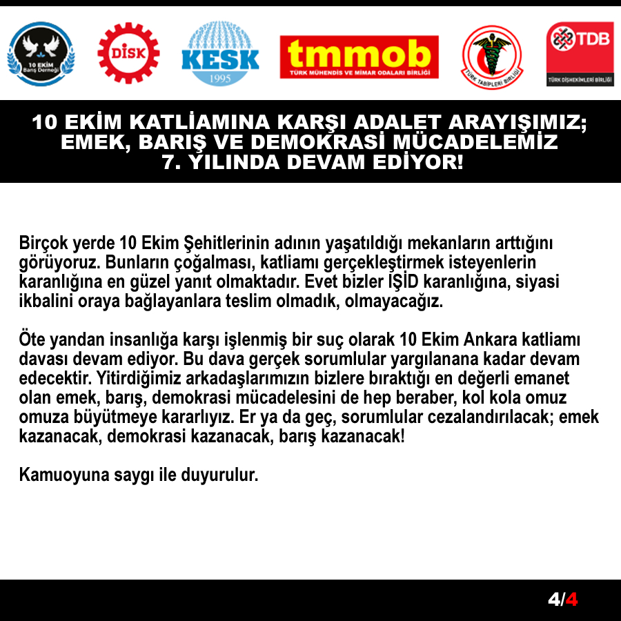 10 EKİM KATLİAMINA KARŞI ADALET ARAYIŞIMIZ; EMEK, BARIŞ VE DEMOKRASİ MÜCADELEMİZ 7. YILINDA DEVAM EDİYOR! Haberin detayı için; tdb.org.tr/icerik_goster.… #türkdişhekimleribirliği #turkdishekimleribirligi #diş #sağlık #dişhekimi #tdbhaber #dişhekimliği #10ekim #10ekimankarakatliamı