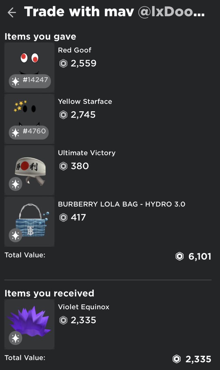 cowboysvmmer's tweet photo. this just goes to show how crazy the roblox market is.. and how much you can win and lose after years. (this is an old trade showing how much values have gone up/down)
#roblox #robloxtrading #robloxdeveloping #robloxdev #robloxugc #robloxclothingdesigner https://t.co/bTxYtdQDZr