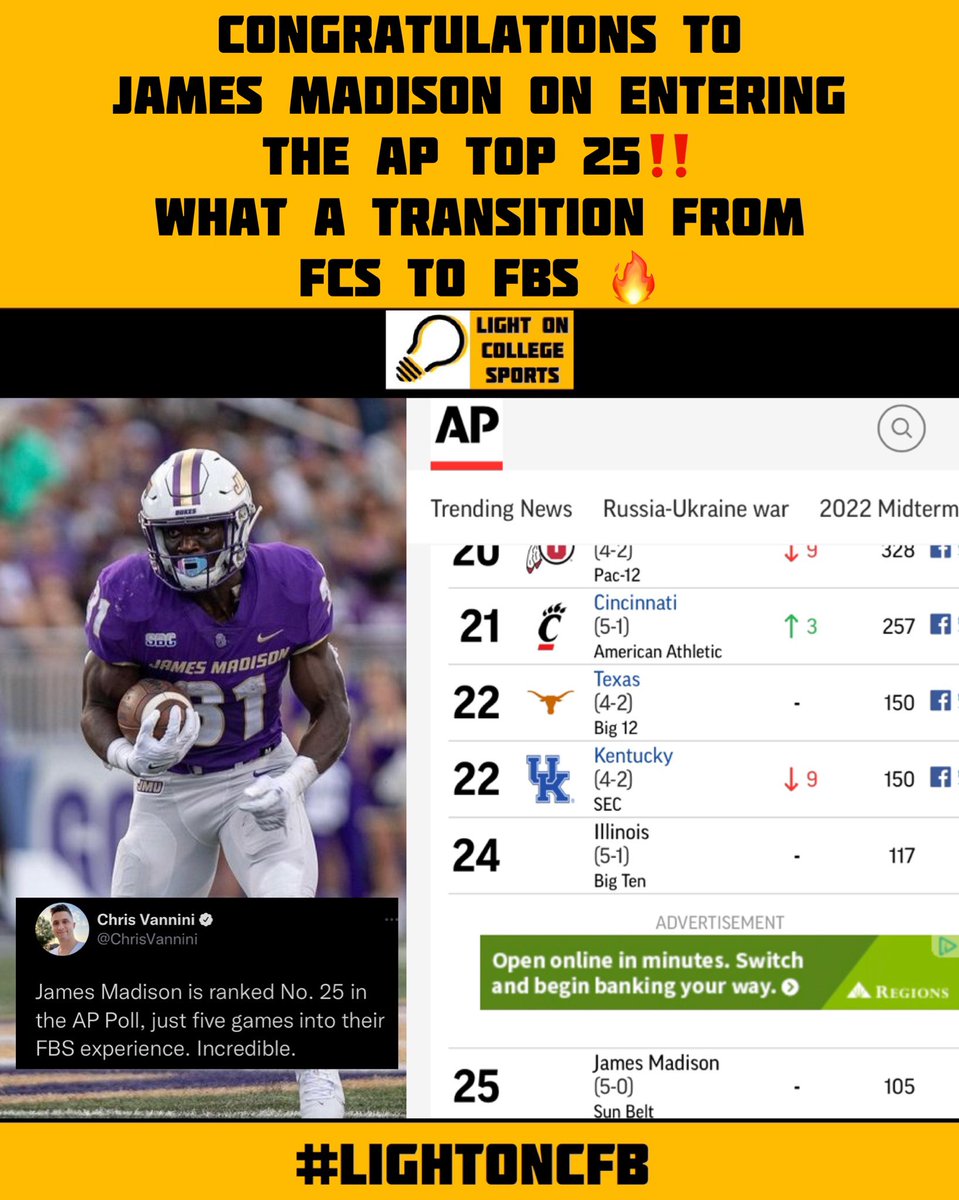 LightOnSports's tweet photo. Congratulations To James Madison On Entering The AP Top 25 Poll‼️ What A Transition From FCS To FBS 🔥
#LightOnCFB https://t.co/IRsC9L5aRz