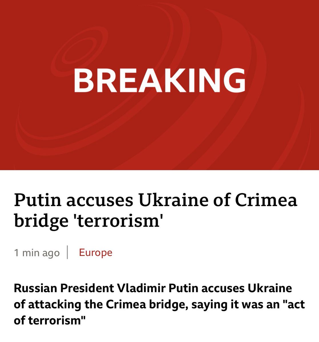tmurte's tweet photo. What's next? Russian President Vladimir Putin accuses Ukraine of attacking the Crimea bridge, saying it was an "act of terrorism" https://t.co/uUlXCBpVyz