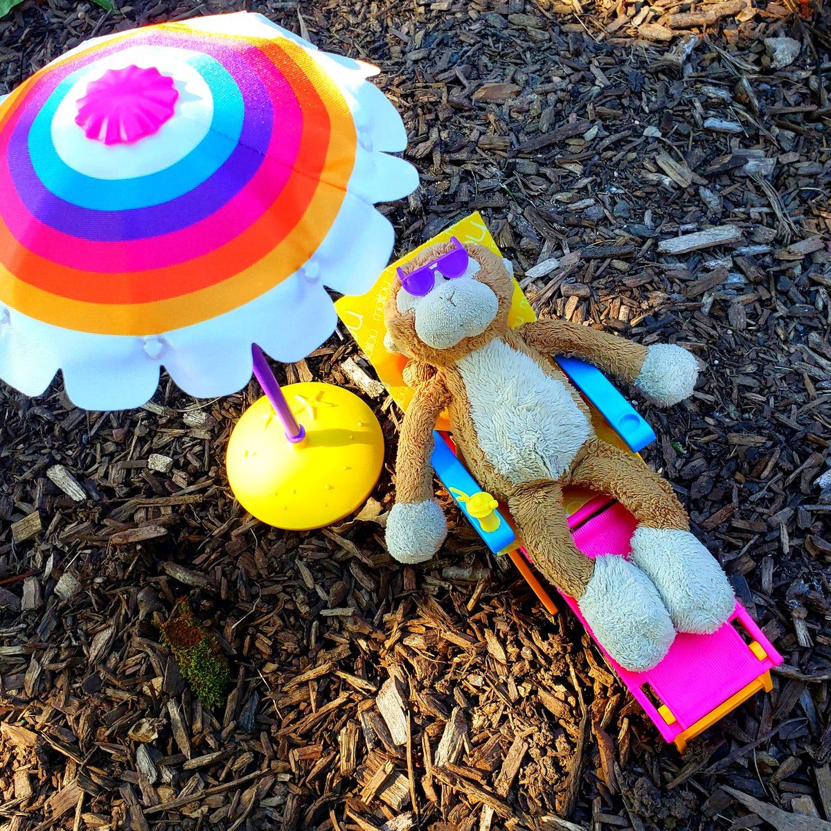 TravelingMocha's tweet photo. Thanks to an impulse purchase, I'll be better prepared for the next beach excursion! (Just imagine all the mulch here is sand, OK?) #MonkeyBusiness #beach #prep #chair #umbrella #MalibuBarbie #accessories #ForNextYear https://t.co/P8bNzZQKwf