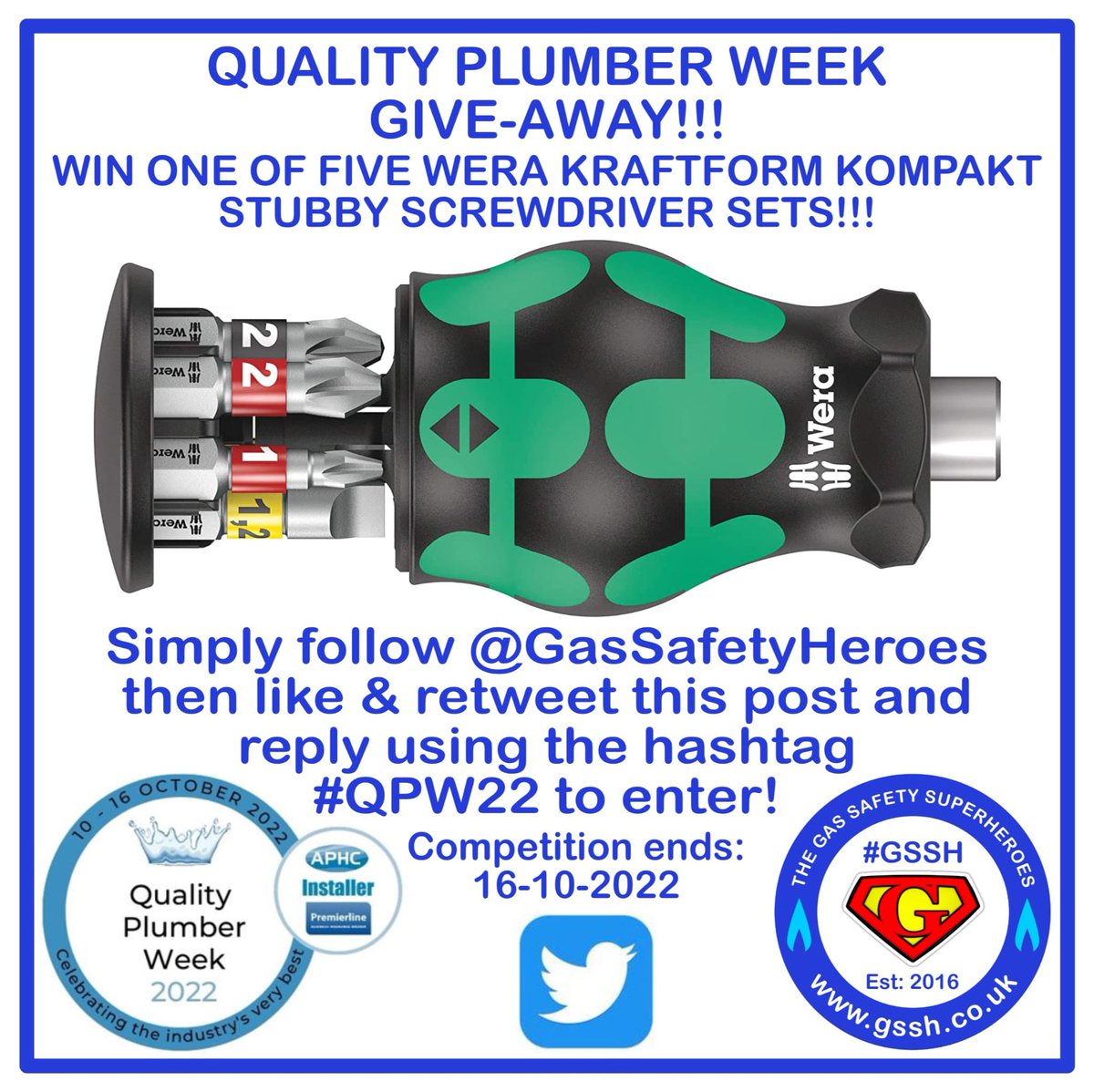 To show our support for Quality Plumber Week we have 5 sets of Wera Stubby screwdrivers to #GiveAway, for a chance to #Win one set simply follow <a href="/gassafetyheroes/">GasSafeSuperheroes</a> and like &amp; RT this post, then reply with #QPW22 to enter! Tag a friend to increase your chances of winning!