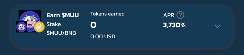 BabyDoge's tweet photo. Stake BNB/MUU LP and currently earn

 3730% APR https://t.co/QtYM3i5C2u