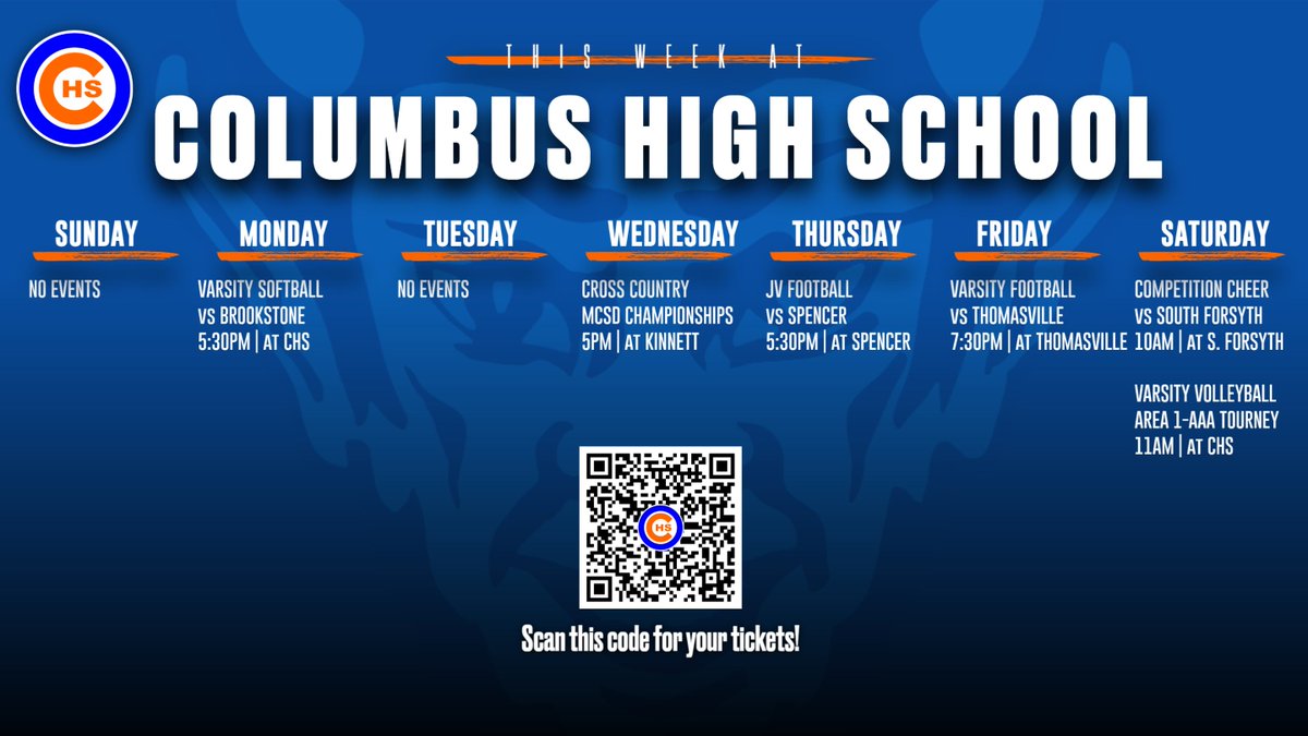 This week in Columbus HS Athletics! Scan the code or use the link in our bio for your tickets. Go Blue Devils! #WeAreColumbusHS #BlueHell