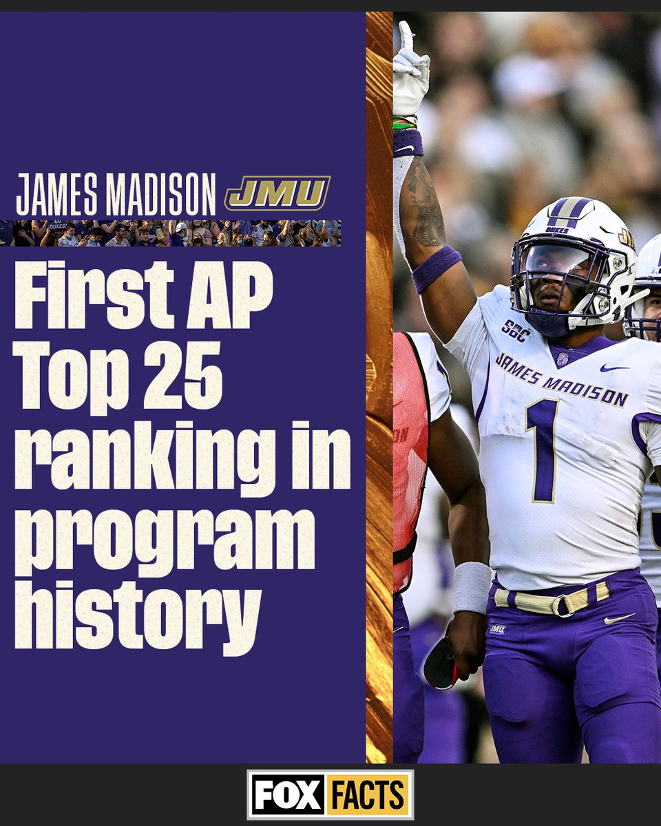 FOX College Football (@cfbonfox) on Twitter photo It only took 5 games at the FBS level for <a href="/JMUFootball/">JMU Football</a> to earn its first-ever ranking in the AP Top 25 ππ It only took 5 games at the FBS level for <a href="/JMUFootball/">JMU Football</a> to earn its first-ever ranking in the AP Top 25 ππ