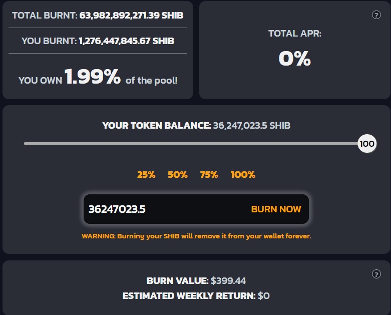 Burn!

36M SHIB 
($399) 

Unfortunately marking our smallest burn EVER

All ways to burn are listed on shibsuperstore.com

Games, Merchandise, Amazon, MEXC, Upside, Fiverr, 

The SHIB price is extremely low right now, if we work together, billions per week can be burnt!
