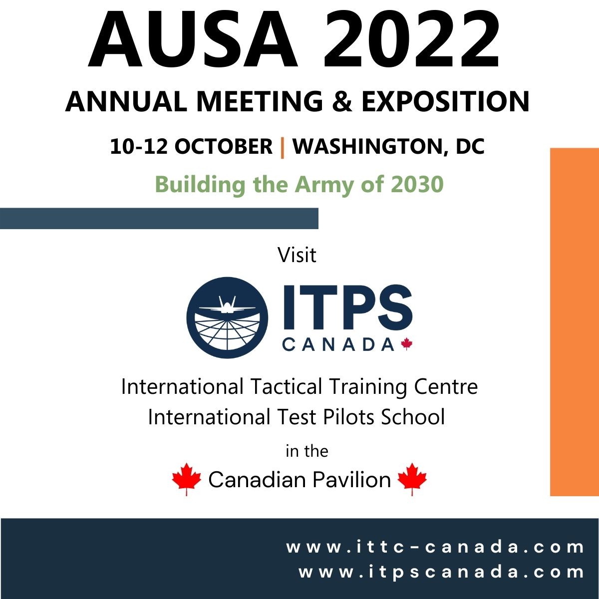 Visit Rene Changtin in the #Canadian Pavilion at #AUSA 2022 next week in Washington DC. Email rene.changtin@itpscanada.com to set up a meeting and learn more about ITTC and <a href="/ITPSCanada/">International Test Pilots School (ITPS)</a>. 
#AUSA2022 #USArmy #militarytraining #flighttest #leadership