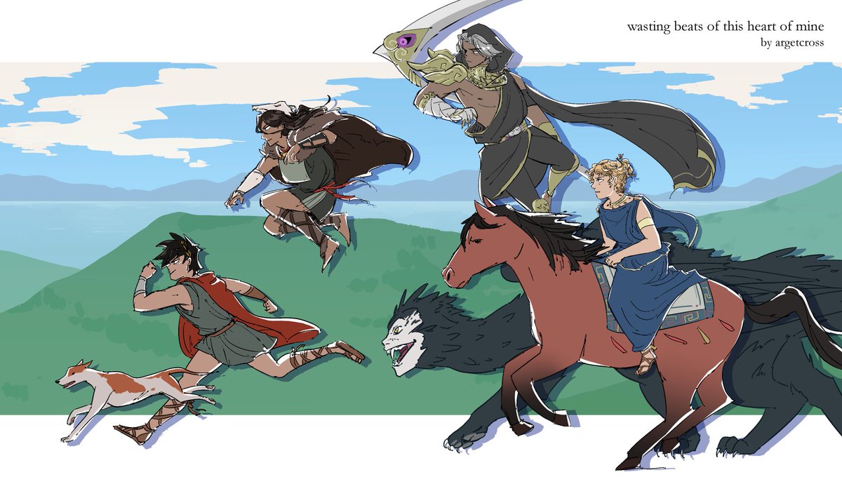 Happy 2nd anniversary to my zag mortal au fic, “wasting beats of this heart of mine”! 🥳🥳🥳 I wanted to share more art I made over this past year. First off, a new lineup (sphinx lines by <a href="/Nanisnae/">Nanisnae</a>)!

archiveofourown.org/works/26832964…

#hadesgame #hadesgamefanart #zagreus #thanatos