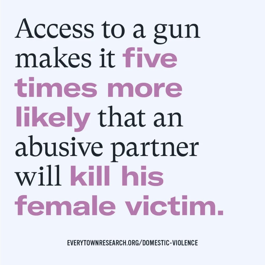 Everytown's tweet image. No research affirms that owning a gun makes a woman safer. In fact, the presence of a gun in a domestic violence situation makes it five times more likely that the woman will be killed.

Domestic violence isn't just an American issue—but domestic gun violence is. #DVAM