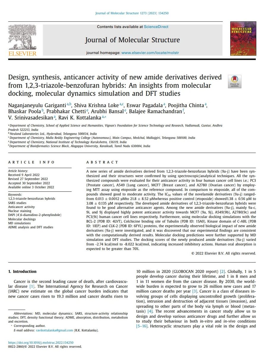 I am very happy Share that Our Group Recent article published in Journal of Molecular structure, Elsevier publications...

Congratulations to Team OMCC 💐💐💐