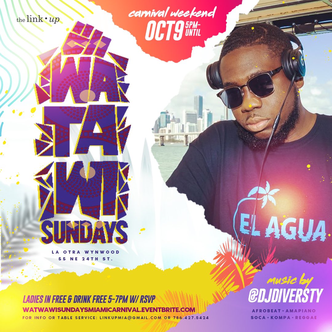 TheLinkUpp's tweet photo. #WATAWI: #MiamiCarnival Edition
TODAY!
Sunday, Oct. 9th
5pm-11pm
Ladies Drink Free ๐น๐ Until 7pm
๐ 55 NE 24th St
๐ถ Music By: @Iamtrueblends @LLCoolBlaze, @Djdiversty_ & @DjRonDon_
Everyone Free B4 7pm w/ RSVP:
https://t.co/b8hfkOyZHh
#Wynwood #Miami #MiamiEvents https://t.co/WVdHc6YibT