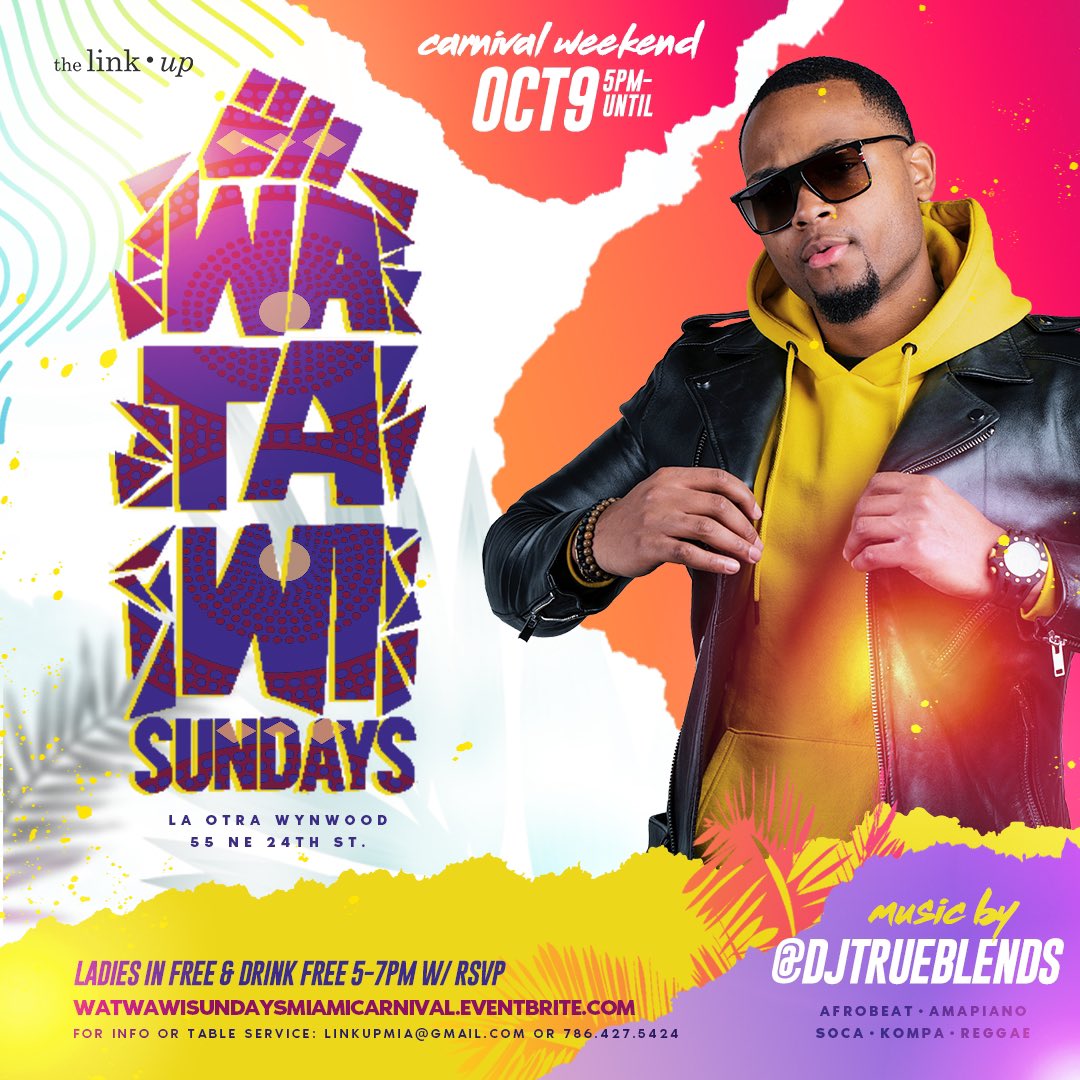 TheLinkUpp's tweet photo. #WATAWI: #MiamiCarnival Edition
TODAY!
Sunday, Oct. 9th
5pm-11pm
Ladies Drink Free ๐น๐ Until 7pm
๐ 55 NE 24th St
๐ถ Music By: @Iamtrueblends @LLCoolBlaze, @Djdiversty_ & @DjRonDon_
Everyone Free B4 7pm w/ RSVP:
https://t.co/b8hfkOyZHh
#Wynwood #Miami #MiamiEvents https://t.co/WVdHc6YibT