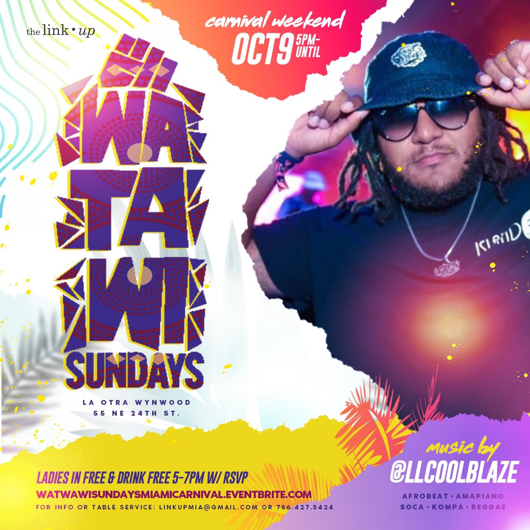 TheLinkUpp's tweet photo. #WATAWI: #MiamiCarnival Edition
TODAY!
Sunday, Oct. 9th
5pm-11pm
Ladies Drink Free ๐น๐ Until 7pm
๐ 55 NE 24th St
๐ถ Music By: @Iamtrueblends @LLCoolBlaze, @Djdiversty_ & @DjRonDon_
Everyone Free B4 7pm w/ RSVP:
https://t.co/b8hfkOyZHh
#Wynwood #Miami #MiamiEvents https://t.co/WVdHc6YibT