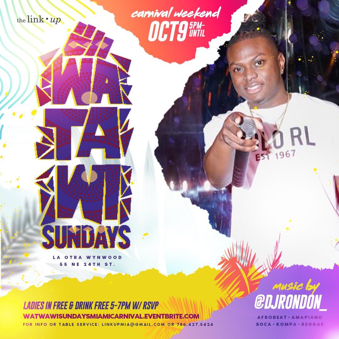 TheLinkUpp's tweet photo. #WATAWI: #MiamiCarnival Edition
TODAY!
Sunday, Oct. 9th
5pm-11pm
Ladies Drink Free ๐น๐ Until 7pm
๐ 55 NE 24th St
๐ถ Music By: @Iamtrueblends @LLCoolBlaze, @Djdiversty_ & @DjRonDon_
Everyone Free B4 7pm w/ RSVP:
https://t.co/b8hfkOyZHh
#Wynwood #Miami #MiamiEvents https://t.co/WVdHc6YibT