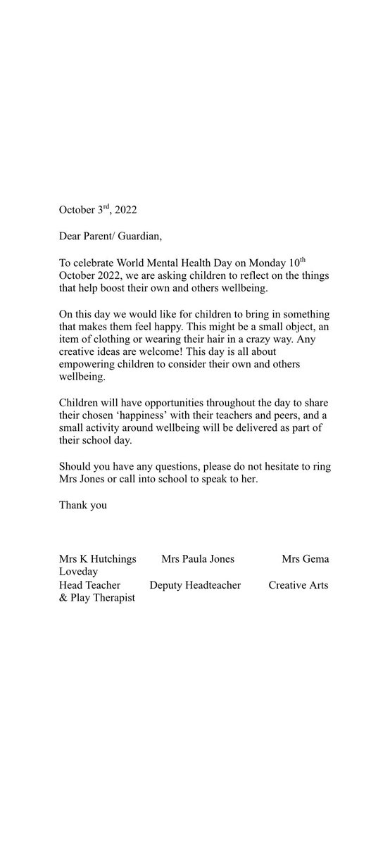 A reminder for our parents about World Mental Health Day tomorrow ♥️😊🌏 <a href="/MissLoveday_x/">Miss Loveday</a>