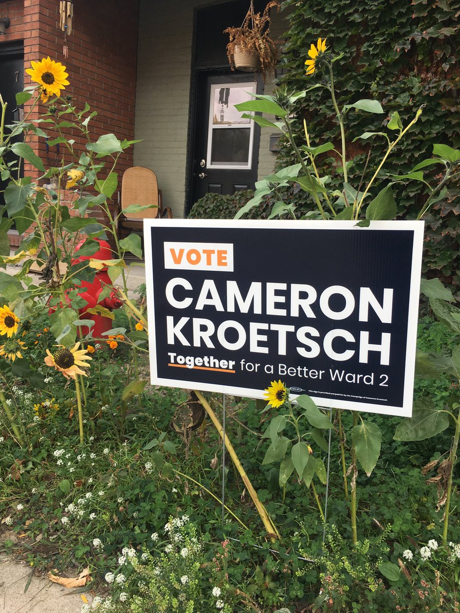 CameronKroetsch's tweet photo. Beautiful day to be knocking on doors in Corktown. Cool to see that one building has @JoeyColeman’s article up to keep everyone informed. Independent local journalism matters. #HamOnt #CatsForCameron https://t.co/2vInpbK9sf