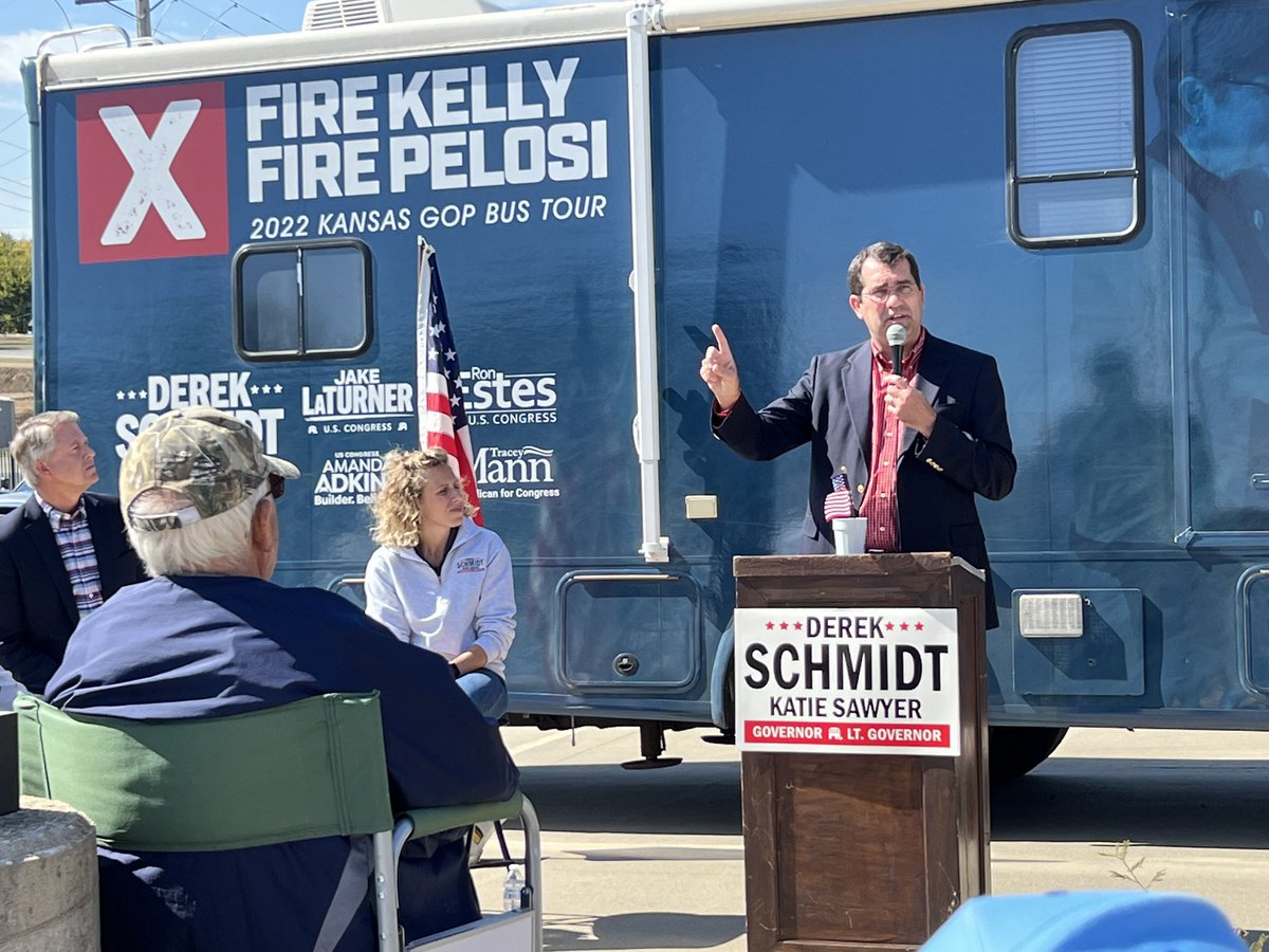 DerekSchmidtKS's tweet photo. Kicked off day five of our @KansasGOP bus tour in Louisburg. Appreciate the support, especially from my friend State Sen Molly Baumgardner. Kansans are ready to fire Laura Kelly! https://t.co/NchDGfcz9D