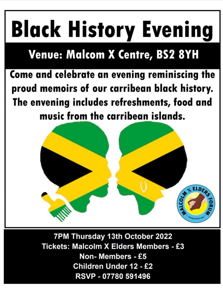 MXCCBristol's tweet photo. Malcolm X Elders Forum.
Come and Join us this Thursday 13th, at 7pm
Food, laughter and musical performances.

#mxcc #bristol #blackhistorymonth #blackhistory #communitycentre https://t.co/SxdU8gG2aS