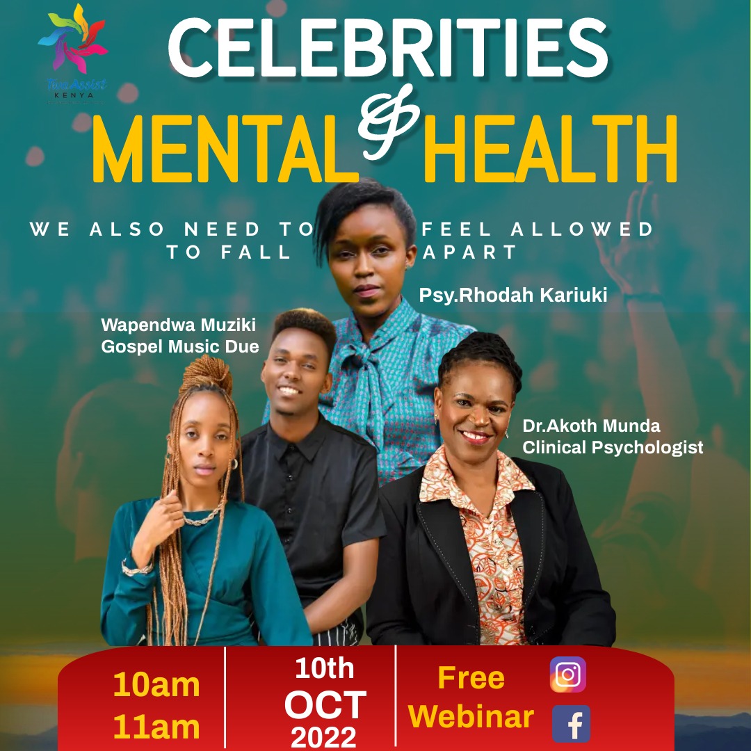 Join us <a href="/twaassist_kenya/">TwaAssist Counselling Center</a> tomorrow at 10am for a mental health discussion on celebrities and mental health .Get to understand how fame can affect our #mentalhealth
meet.google.com/enn-iamq-voa
<a href="/Wapendwamuziki/">WapendwaMuziki</a> 
#WorldMentalHealthDay 
#fameandmentalhealth
