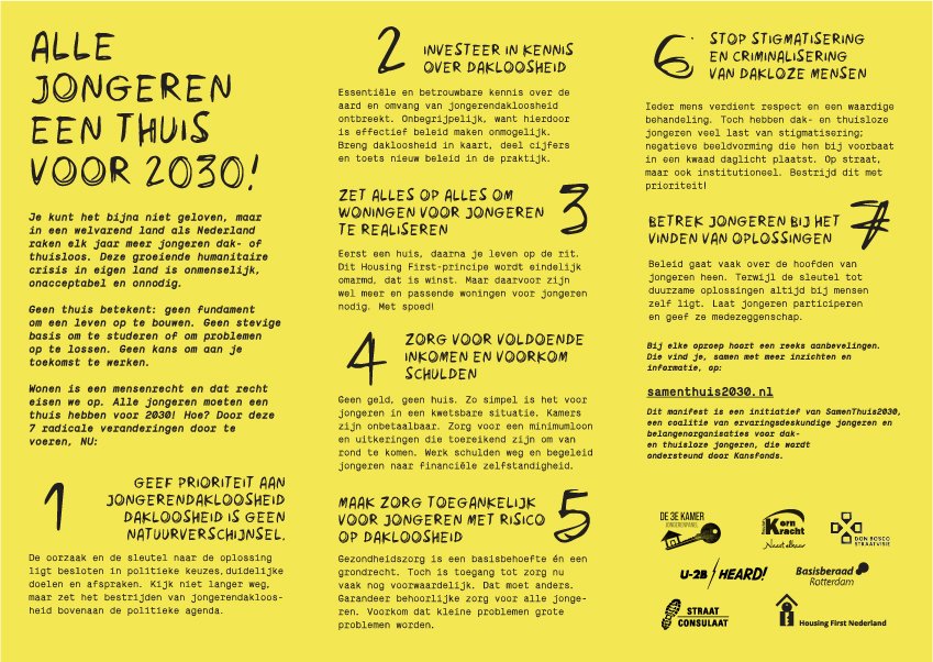 Op #werelddaklozendag staan wij als coalitie SamenThuis2030, samen met onze achterban jongeren, politici en nog vele anderen op tegen #jongerendakloosheid! Wij pleiten voor radicale veranderingen in dit manifest!
Zien we jou vanavond ook bij de #sleepout2022 op het #koekamp?