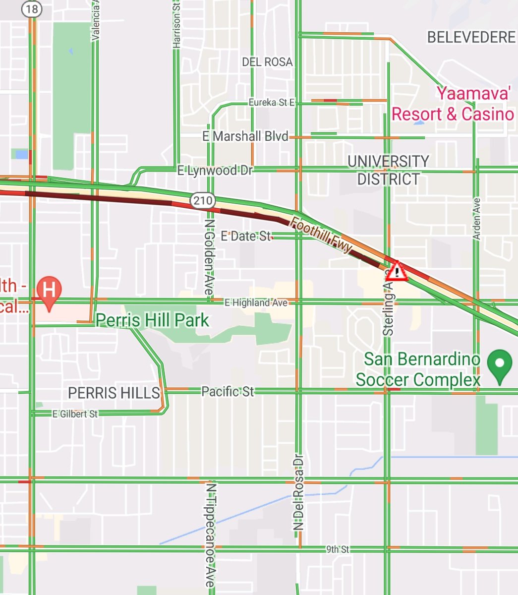 paininthepass's tweet photo. Traffic Alert for eastbound 210 freeway before Highland Ave. Reporting a big rig tractor-trailer jackknifed and also spilled dirt in traffic lanes. 2 lanes are blocked #PainInThePass #210freeway #SanBernardino #Highland #TrafficAlert https://t.co/wSZ2ojwGRU