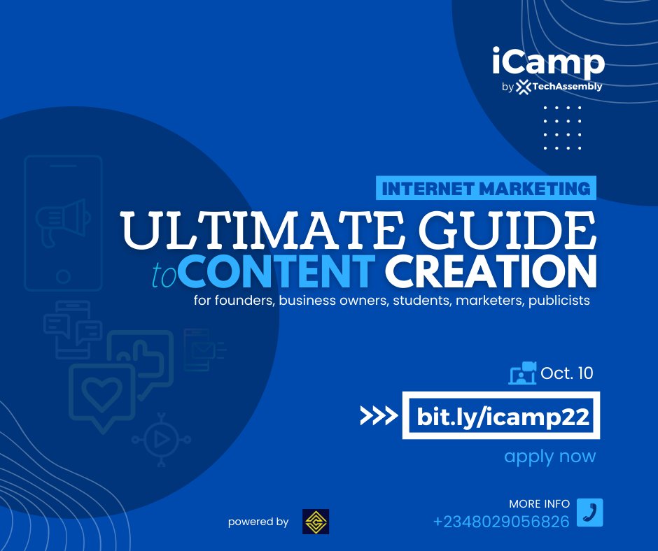 TechAssemblyCo's tweet photo. iCamp Event
Ultimate Guide to Content Creation

Oct 10 - Nov 5 2022

Campaign Plans. Content Calanders. Content Pillars. Tools. Measurement. Key Performence Indicators.

Apply here https://t.co/Crmd0k3zig

#digitalmarketing #contentcreation #icamp #internetmarketing #onlineschool https://t.co/AmmptYDcT2