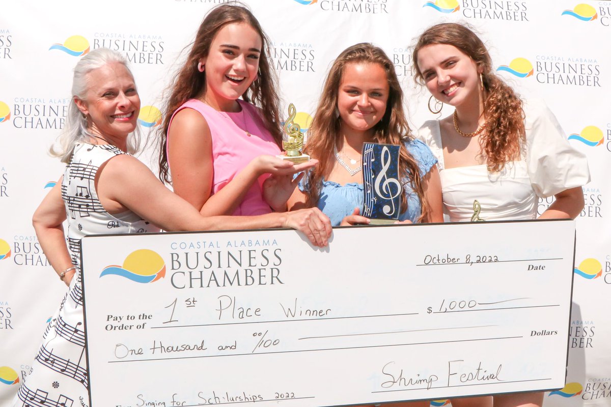 MyShrimpFest's tweet photo. Yesterday we held our annual Singing for Scholarships contest! Your top three winners were:

1st Place: Maura Hawkins of Gulf Shores High School

2nd Place: Victoria Holley of Spanish Fort High

3rd Place: Luisa Salazar of Orange Beach High School https://t.co/ppIh63XNT8