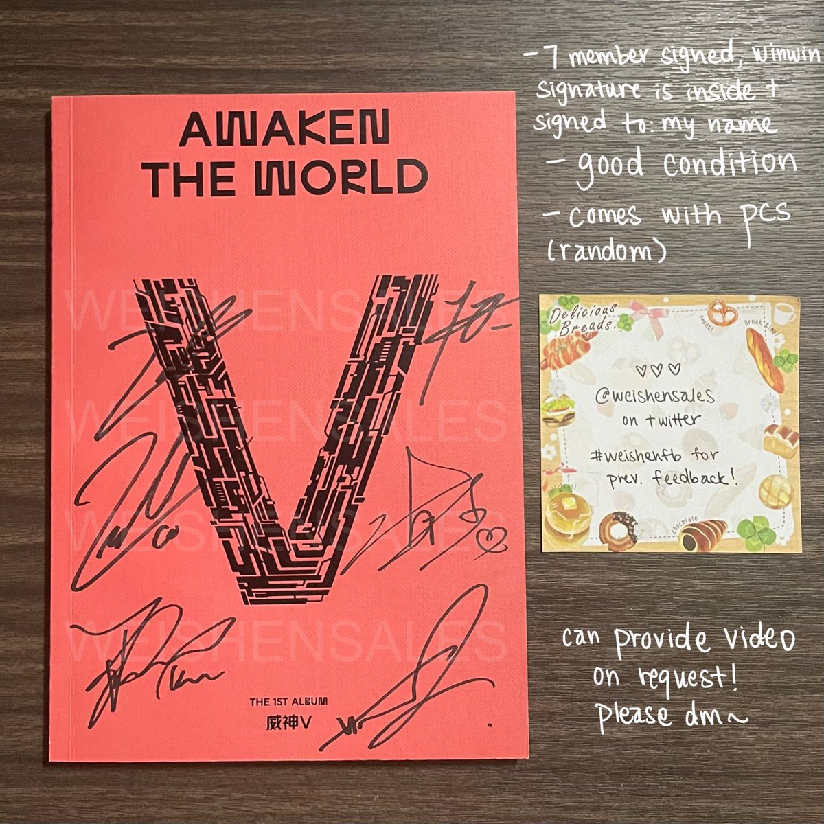 wts/lfb wayv awaken the world signed album $185

> 7 member signed fansign album, winwin signature is on the first page + to: my name
> price includes usa first class tracked shipping, priority +$4 (worldwide ok but shipping is extra)

please dm if interested~
more info below!