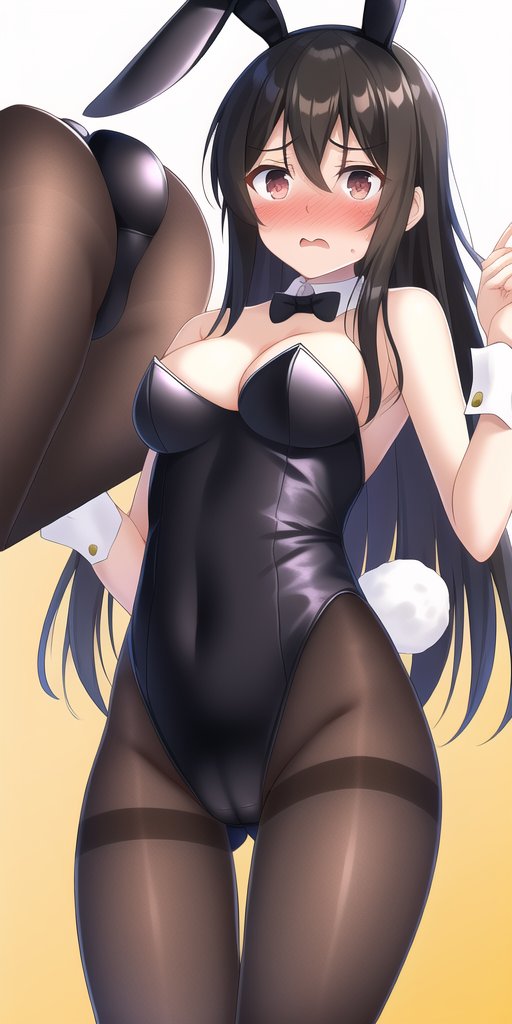 画像,black hair,long hair ,   {{{blush}}},bunny girl,hair_between_eyes,medium breasts…