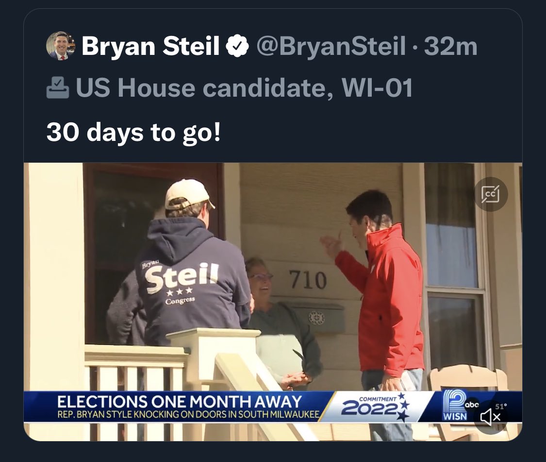RachaelHudicka's tweet photo. 🚨Huge Milestone Alert🚨

1️⃣ MILLION doors knocked in Wisconsin this cycle! Thank you @BryanSteil for joining our team &amp; knocking the millionth door! 🐘🇺🇸

There’s one month to go - get involved today &amp; win in November: https://t.co/YxXlDblnAg 
#LeadRight #WiSen #FirePelosi https://t.co/XJ8YyxJFqk