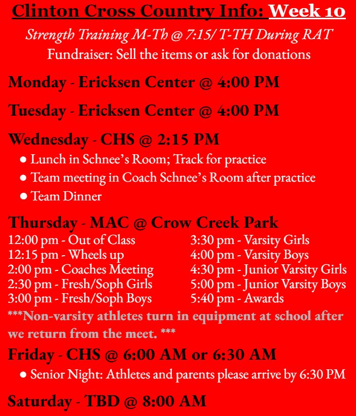 Week 10! Note the meet schedule on Thursday for Conference.