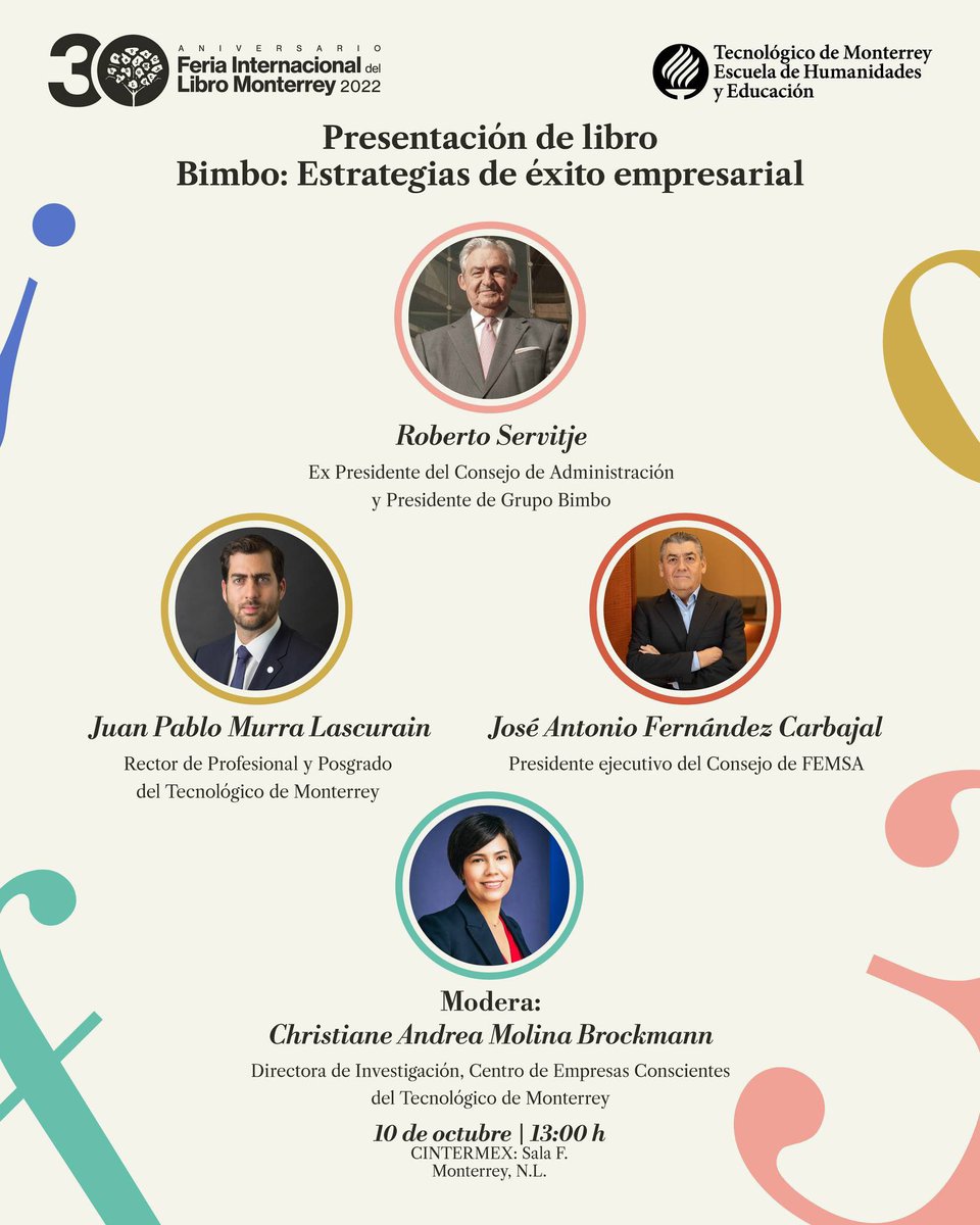Don Roberto Servitje presenta su libro Bimbo: Estrategias de éxito empresarial en la <a href="/FeriaLibroMty/">Feria Internacional del Libro Monterrey</a>. José Antonio Fernández, presidente ejecutivo del consejo de <a href="/FEMSA/">FEMSA</a>, Christiane Molina y yo, lo acompañamos en un diálogo sobre liderazgo y capitalismo consciente. Nos vemos ahí.👇