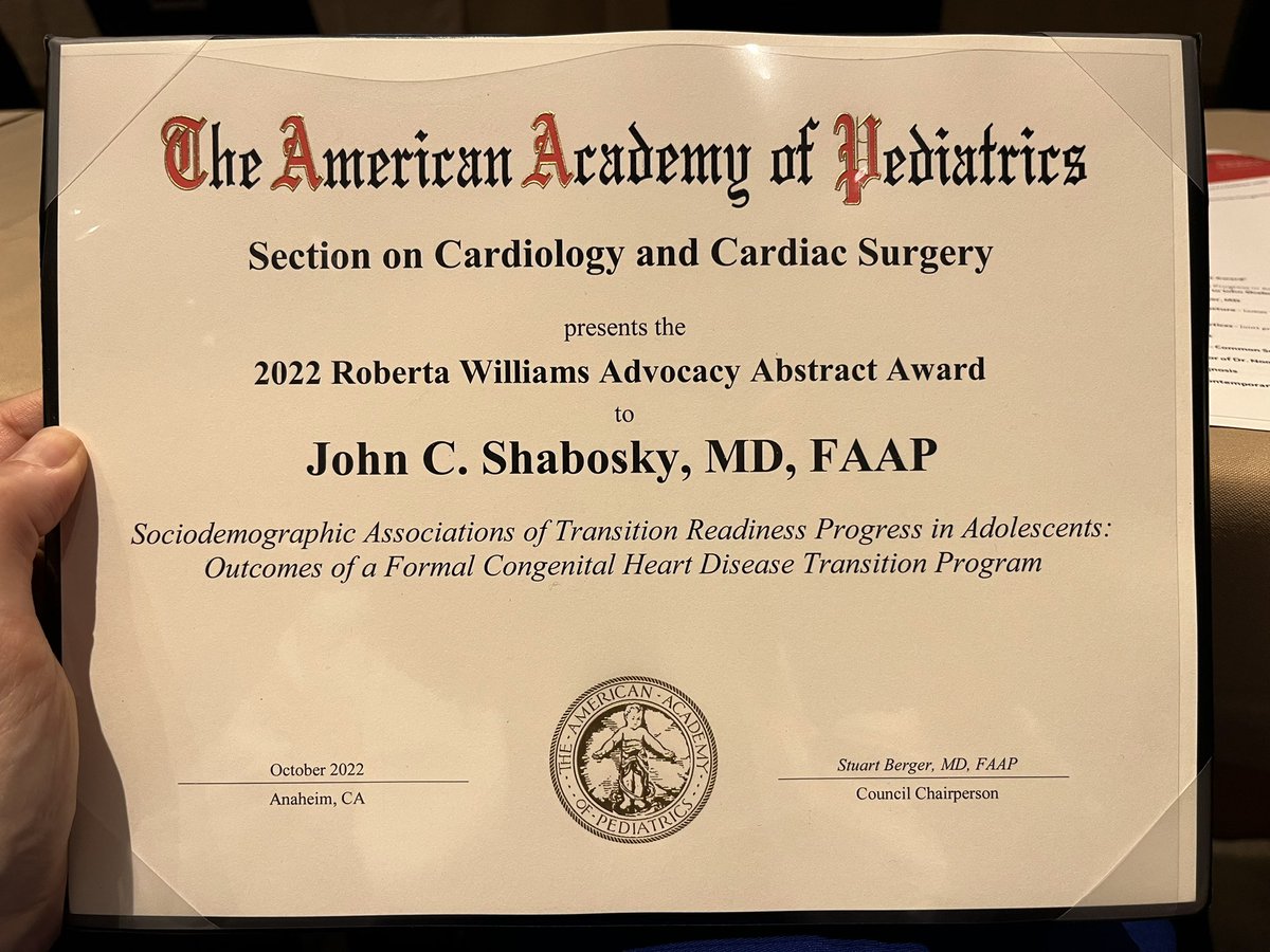 Honored to speak on behalf of the work by our #cardiology transition team and highlight work collected by @TCHheartcenter fellow Dr John Shabosky to receive the Inaugural Dr Roberta Williams advocacy award #AAP2022 #SOCCS . Dr Williams is an inspiration!! @TCHResearchNews