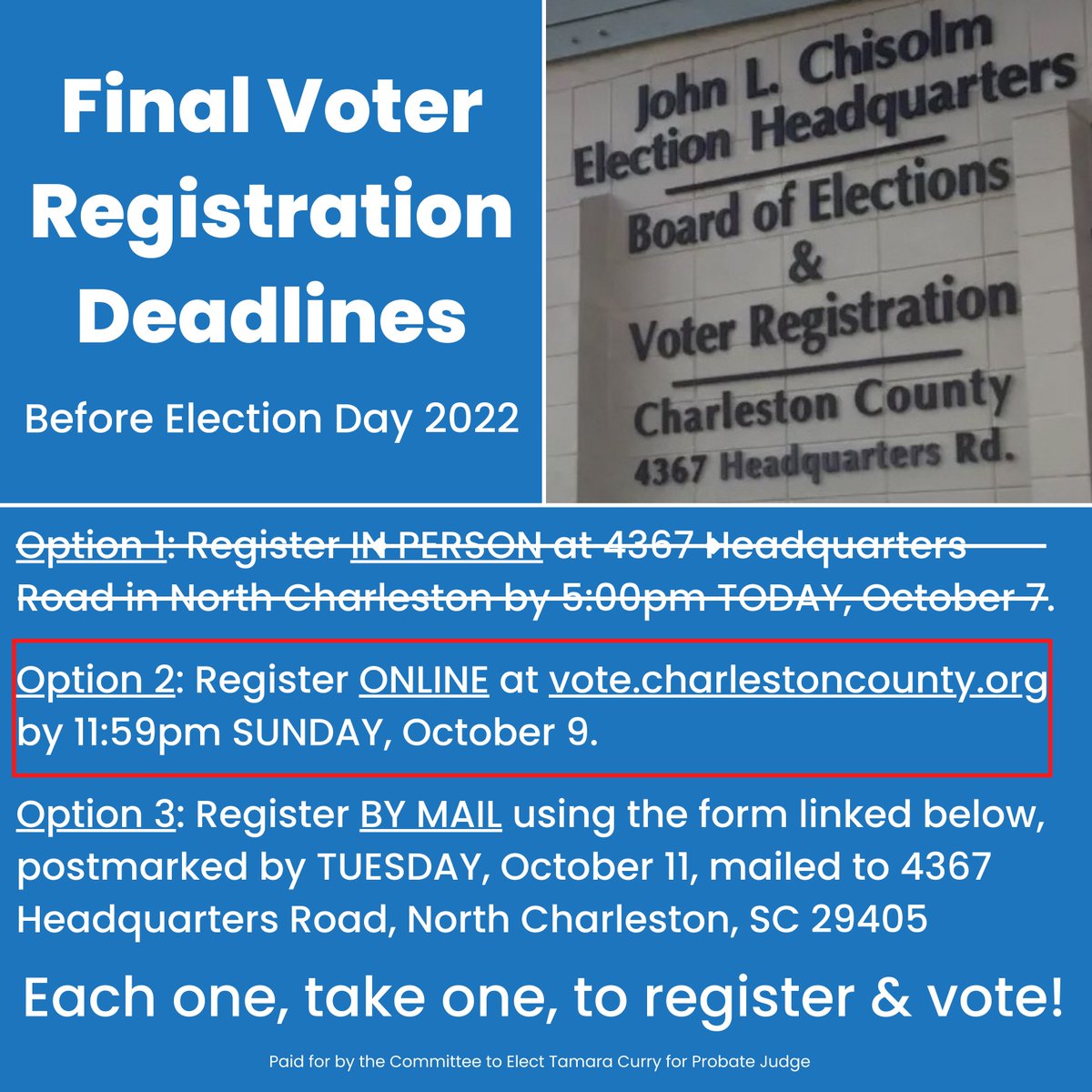 CurryForProbate's tweet photo. There are two final opportunities to register to vote before this November's election. If you or someone you know is not registered, click https://t.co/QP642oeMT5 right now and complete the process before midnight tonight! #EachOneTakeOne https://t.co/H9tLeWLb2z