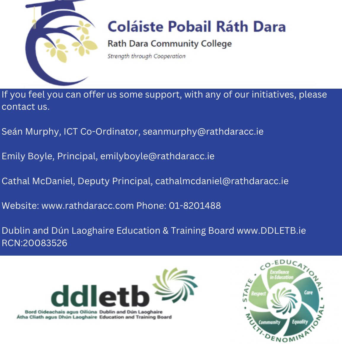 🌟 Rath Dara Community College Digital Drive- we need your help! 🌟 Please like and re-tweet this post. 📲 Full details of our Digital Drive are available on our school website rathdaracc.com #níneartgocurlecheile #teamddletb @adrianpflynn @Rathdaralib @ddletb