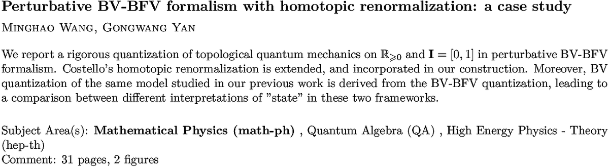 arxiv.org/abs/2210.03009…
M Wang, G Yan
Perturbative BV-BFV formalism with homotopic renormalization: a case
  study