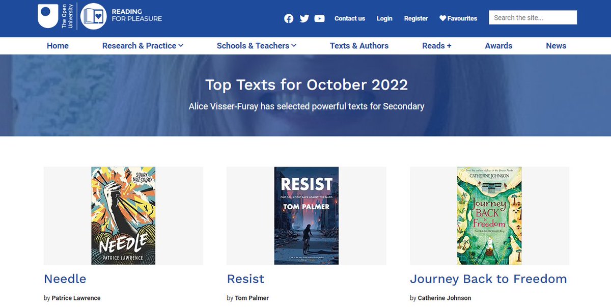 Am so thrilled that RESIST is one of the <a href="/OpenUni_RfP/">Reading for Pleasure 🧶</a>'s Top Texts for October 2022. A hatrick for <a href="/BarringtonStoke/">Barrington Stoke</a>. Thank you <a href="/AVisserFuray/">Alice Visser-Furay</a>.