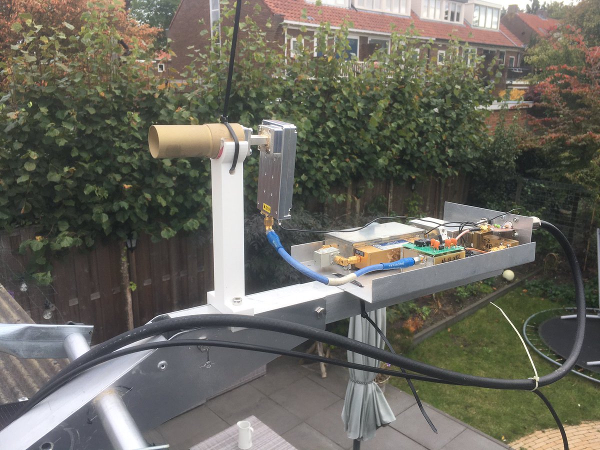 #eme Together with PA7JB i made some sunnoise measurements on 24GHz. 1.8m offset dish f/D 0.8 with dualmode horn feed.  Kuhne LNA 12.5dB and DU3T klna 13dB. Working on 25W station.