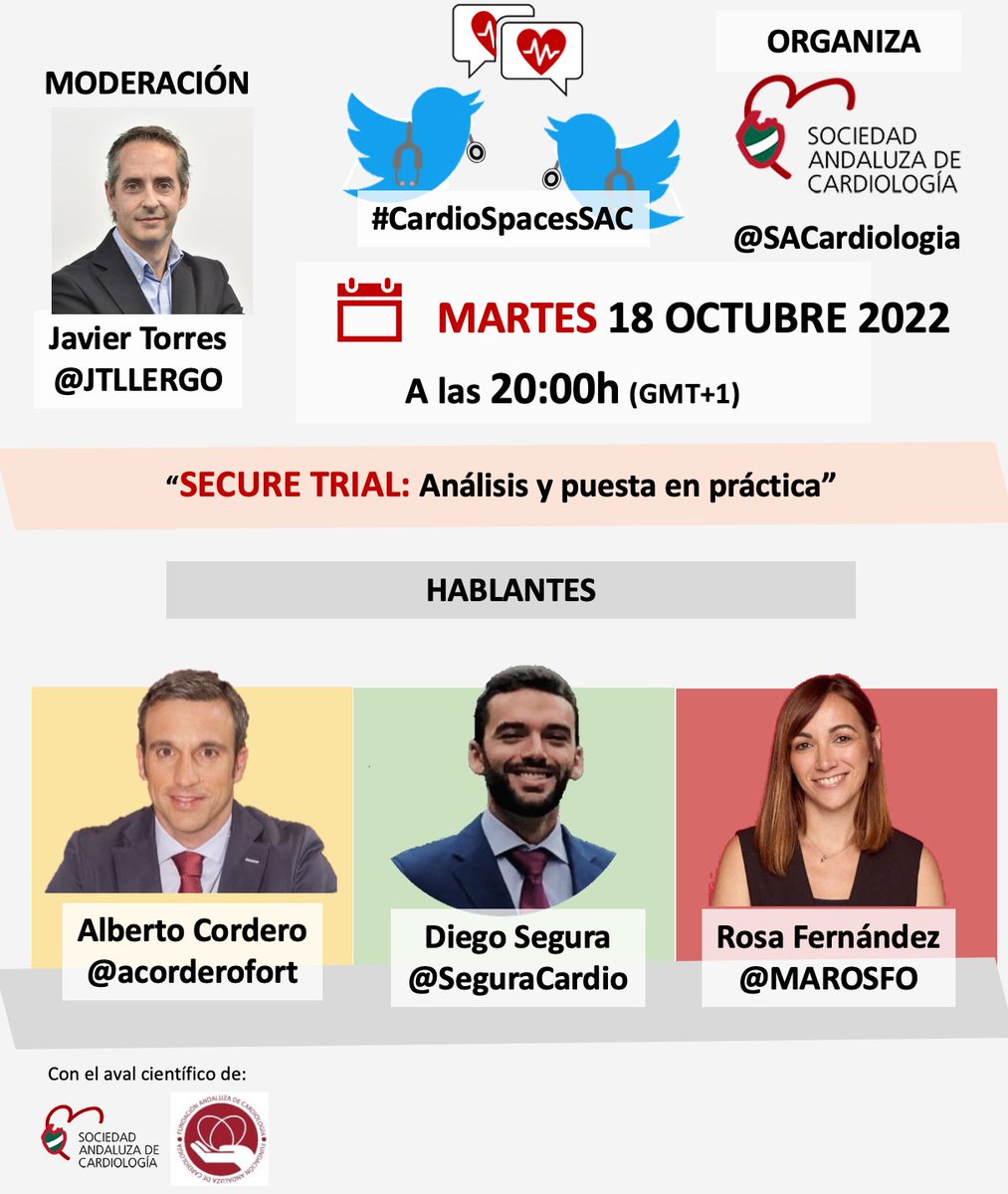 SACardiologia's tweet photo. En el próximo #CardioSpaceSAC os traemos el #SECURE trial, ensayo clínico marca 🇪🇸 recientemente presentado en el #ESCCongress❤️

"SECURE TRIAL: Análisis y puesta en práctica"

🗓️El martes 18 de Octubre a las 20h‼️
🧑‍💻 @JTLLERGO
 
🧑‍🏫 @acorderofort @SeguraCardio @MAROSFO https://t.co/e1nqeCBUeO