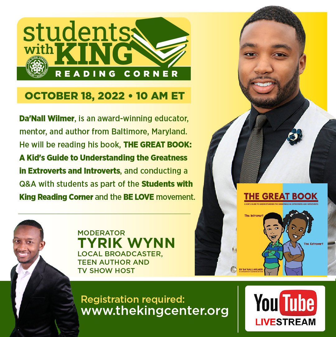 Schools, educators, families: Mark your calendars for October 18th! @TheKingCenter invites you to our #StudentsWithKing Reading Corner, featuring author @danalltyrell. Don’t miss it! 

#MLK #CorettaScottKing #Youth #Leadership