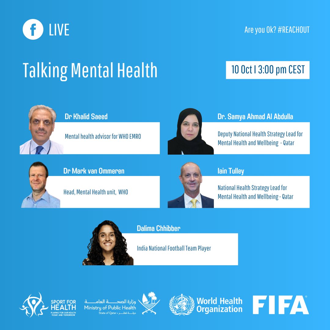 Tomorrow is #WorldMentalHealthDay. Join us and ask your questions about #mentalhealth and learn about #Sport4Health initiatives to raise awareness on this important subject: ⏰ 15:00h CEST 📺 WHO Facebook page 👉 m.facebook.com/WHO/ #AskWHO